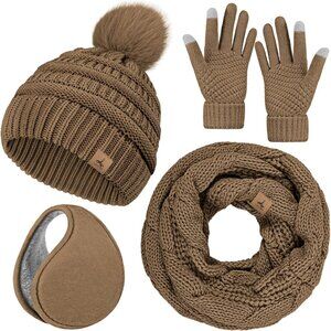 Women Khaki Knit Beanie Hat, Gloves, Scarf & Ear Warmer Set - Winter